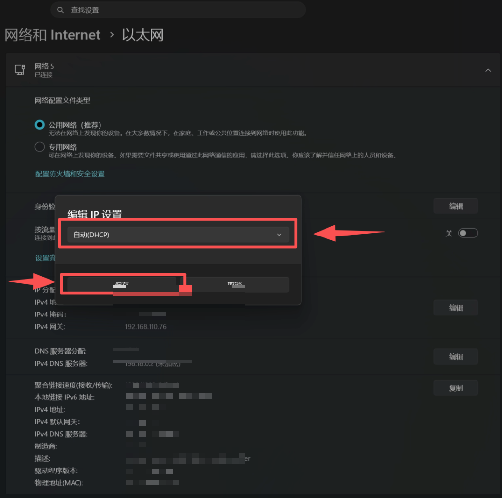 选择自动 DHCP 指示